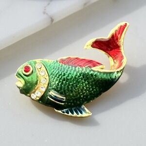 Vintage Colorful Enamel Rhinestone Fish Brooch Pin Gold Tone Red Blue Green MCM